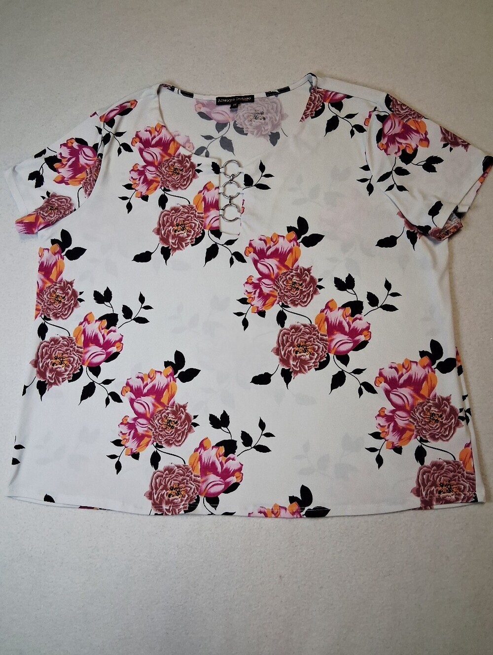 Always Indigo Short-Sleeve Floral Ring-Accent Blouse - White/Pink